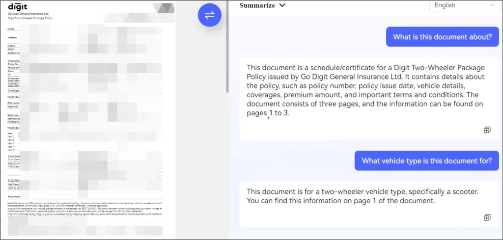 HiPDF AI PDF Reader interface showing summarize and translate tools